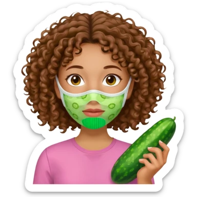 lightskin girl with green skincare facemask and cucumbers and brown curly hair and a pink shirt  sticker