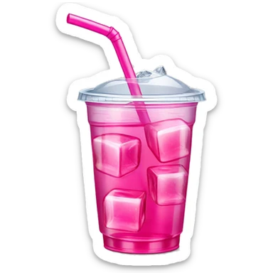 Realistic see through plastic cup and lid with Transluscent hot pink soda,straw and large ice cubes inside. sticker