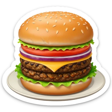 Draw a hamburger on a plate using a front camera with a 10-degree angle from the ground, ensuring the object remains stationary without rotation or tilt. sticker