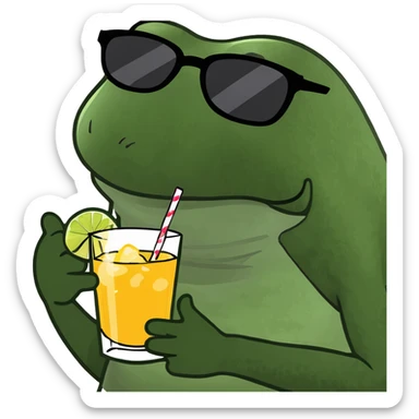 bufo frog relaxing on sand with sunglasses and a drink sticker