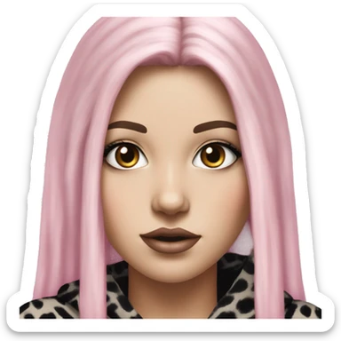 Hyperrealistic white girl with long black hair with a pink fringe and has eye makeup on, she is wearing a black and leopard print hoodie  sticker