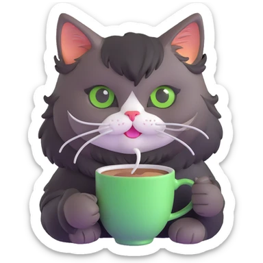 tricolor fluffy cat with big green eyes drinking a cup of coffee sticker