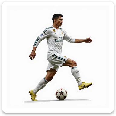 realistic illustration of a football player inspired by Cristiano Ronaldo, in action, wearing a classic white kit, dynamic pose, photorealistic style sticker