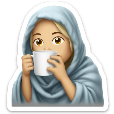 sick white woman in a blanket drinking from a hot cup sticker