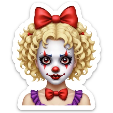 Very scary dark makeup evil clown girl with bionde short curly hair with bow on side of head in hair  sticker