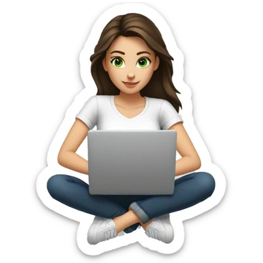 a young brunette woman with green eyes, wearing a white T-shirt, writing on her laptop in front of her sticker