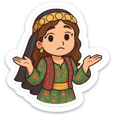 Create a colorful and cheerful cartoon sticker of a Kurdish woman wearing traditional Kurdish female clothing. The face should have an indifferent or 'I don't know' expression similar to the 🤷‍♀️ emoji. Both hands are open and shoulders raised. The image should have no shadows or color halos around it, no text, and a completely transparent background. Suitable for WhatsApp and Instagram. sticker
