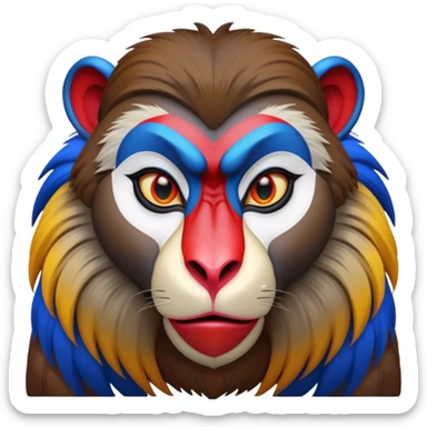Cinematic Noble Mandrill Portrait Emoji, Poised and regal, with a striking, powerful build and a vivid, multicolored face accented by bold blue, red, and yellow hues, deep-set soulful eyes, Simplified yet sharp and sophisticated features, highly detailed, glowing with a vibrant, dignified glow, high shine, intelligent and commanding, stylized with an air of exotic majesty, focused and attentive, soft glowing outline, capturing the essence of a watchful and confident primate, so majestic it feels as though it could step out of the screen with effortless authority! sticker