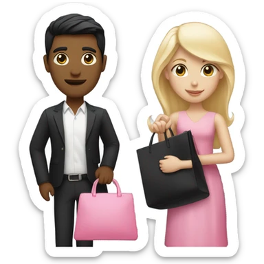 Tender couple blonde girl with black dress and pink bag, straight man black hair a little dark sticker