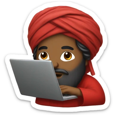 A caliph with turban and red clothes writing in a laptop sticker