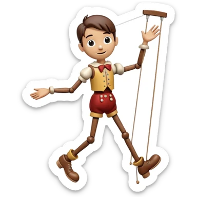 3D render of Pinocchio Boy as a wooden marionette puppet, Long nose, wood grain skin, strings, silver metal screw joints at elbows and knees, polished brown wood texture, rigid toy pose, Apple emoji style, isolated on white background --v 6.0. sticker