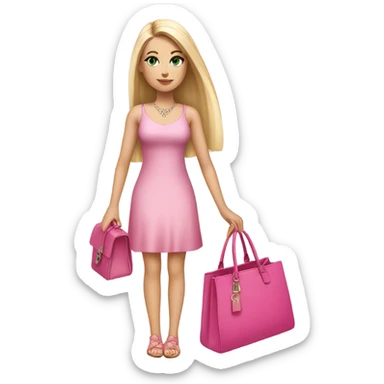 Realistic White girl with Long straight blonde hair, green eyes, tattoos, full body wearing pink dress, holding pink handbag sticker
