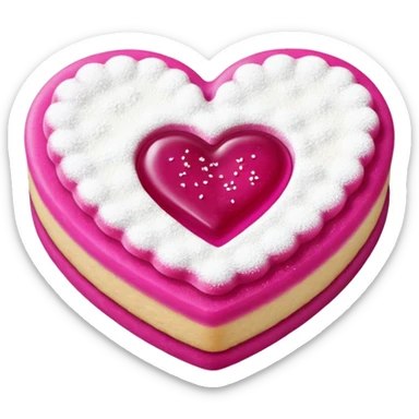 Realistic shortbread cookie in the shape of a heart with Fuchsia color jelly middle filling and sprinkled powder sugar on top. sticker