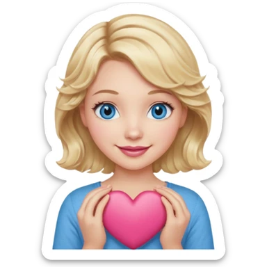 Girl Blonde short wavy hair,  blue eyes, cute blue top, long lashes, pink lips, smiling, holding a big heart sticker