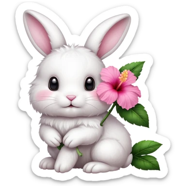 White bunny posing cutely with pink hibiscus flower on ear sticker