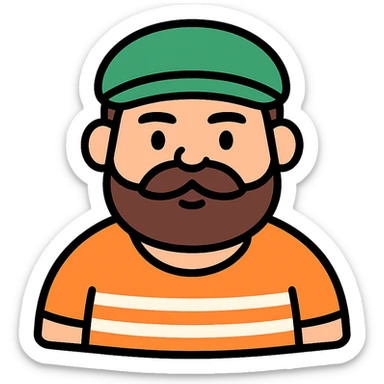modern icon style character with mustache, chubby, medium eyebrows, connected beard and mustache, wearing an orange shirt with white stripes, and a green grandpa hat sticker