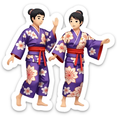 Cinematic Realistic scene of two performers engaging in Bon Odori, dressed in traditional yukata with intricate summer patterns, captured in graceful, rhythmic motion with warm, festive lighting sticker