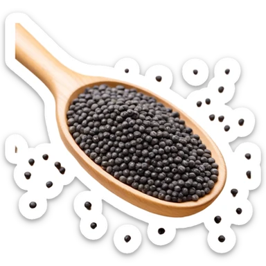 small black chia seeds in a wooden spoon sticker