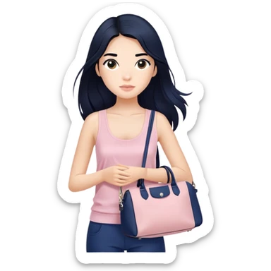 Girl with long black hair wearing soft pink tank top and sling navy blue longchamp bag sticker