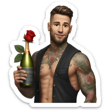 Hyper Realistic handsome tattooed man holding roses and a bottle of champagne  sticker