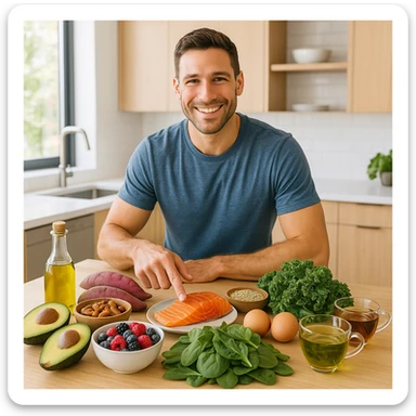 a fit, relaxed man stands in a bright, modern kitchen with natural light and wooden elements, surrounded by a colorful variety of healthy foods including avocados, sweet potatoes, olive oil, berries, quinoa, eggs, leafy greens, nuts, salmon, and herbal teas, smiling and pointing or reaching toward a few of his personal favorites, vibrant and health-focused lifestyle photography style sticker