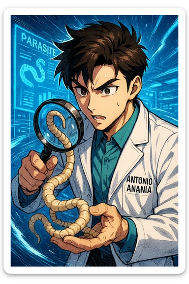 A dynamic manga/webtoon-style illustration of a young male kinesiologist wearing a clean white lab coat, analyzing light beige worms like a tapeworm under a magnifying glass. His expression is focused and slightly intrigued, with sharp, detailed eyes. The art style is vibrant, with bold linework, rich colors, and dramatic lighting. The background is a futuristic laboratory with glowing holographic screens displaying parasite data. The tapeworm is intricately drawn, slimy and segmented, with a slightly exaggerated yet realistic texture. The composition is dynamic, with motion lines or energy effects to emphasize his scientific investigation. The atmosphere is intense but not dark, keeping a balance between scientific seriousness and stylish manga aesthetics, he has "ANTONIO ANANIA" WRITTEN ON WHITE LAB COAT sticker