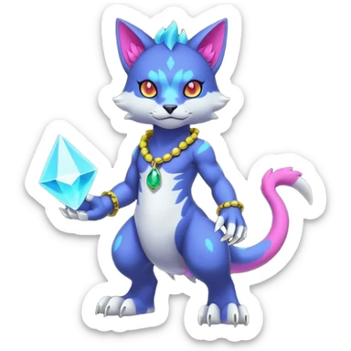 Colorful neon glowing abyssal garurumon-purloin-feline-Fakemon-Digimon-creature wearing a cool casual fashionable aesthetic clothes and accessories and jewelries and apparels fursona (full body)  sticker