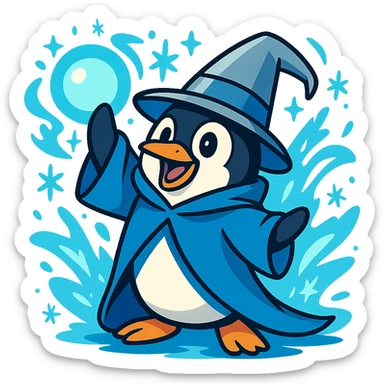 a playful penguin wizard with a blue cloak, silver hat, and glowing orb, surrounded by frosty magic effects sticker