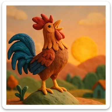 rooster crowing at sunrise, vibrant colors, soft lighting, detailed feathers in claymation style sticker