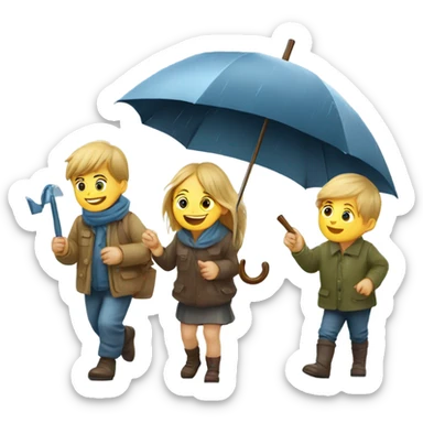 3 russian kids with a umbrella playing with a paper ship in the rain sticker