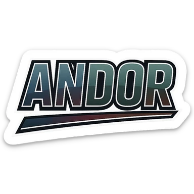 Andor name in masculine, modern gradient font with precise Hungarian characters, dark contour, extra wide and prominent white letter frame as in reference images, dynamic slanted underline, masculine color shades (blue, gray, burgundy, green, brown), 1000x1000 px, PNG, transparent background sticker