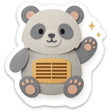 cute panda-shaped air purifier, fluffy, cleaning dust with sparkling paws, soft grey pastel, full-body sticker