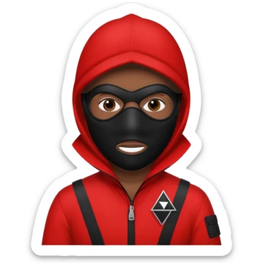 Illustrate a guard in red jumpsuit with black mask featuring a white triangle symbol. sticker