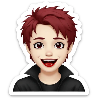 Laughing pale Goth boy with piercings, with shaggy brown hair, and messy black eyeliner , smudged, red, lipstick  sticker