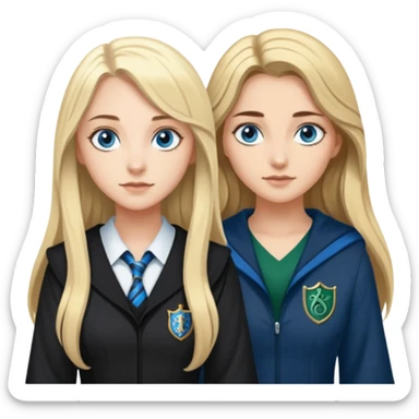 a pretty ravenclaw girl with long brown hair and blue eyes standing with a hot Slytherin girl with long blonde hair, blue eyes and big boobs  sticker