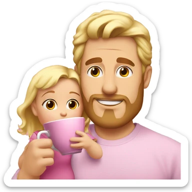 blonde dad drinks tea in pink cup with his babydaughter sticker