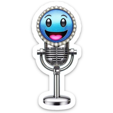 Create a glamorous and vibrant emoji representing stage vocal performance. The design should feature a classic vintage microphone at the center, surrounded by an eye-catching stage costume covered in rhinestones, sparkling brightly. The costume should be stylized, with glittering elements like sequins and sparkles, and reflect the glitzy, extravagant nature of show business. The microphone should have a sleek, retro look with chrome or metallic accents. Use rich, dazzling colors like gold, silver, deep purple, and bright red to evoke the glamorous, larger-than-life feel of a stage performance. The background should be transparent. sticker