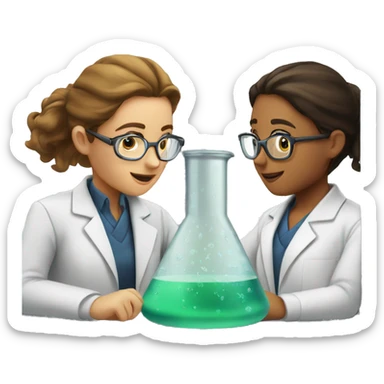 scientists discussing by the window two girls with one clear beaker sticker