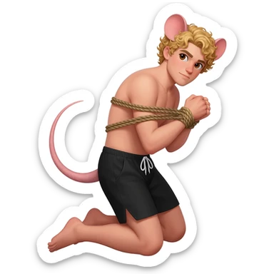 man with brown eyes, curly blond hair. he has rat tail and rat ears. he dressed in black shorts. he is on his knees. her arms are tied up with ropes sticker