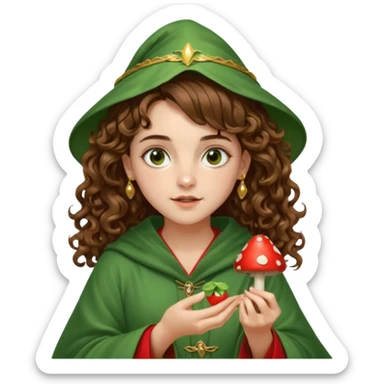 very beautiful italian girl, looking like Emma Watson, with curly and big volume very bright brown hair, and a golden piercing ring in nose on left side, dressed in a beautiful wizard robe of green colors, holding red fly mushroom sticker