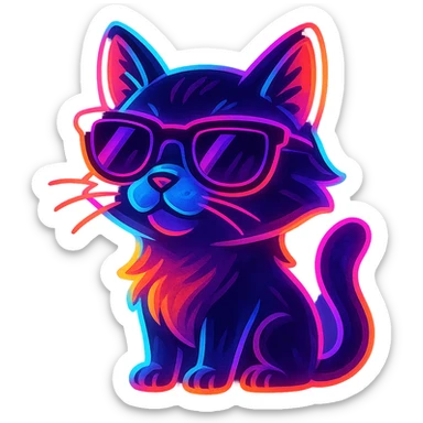cat with sunglasses with neon glow, vibrant toon style sticker