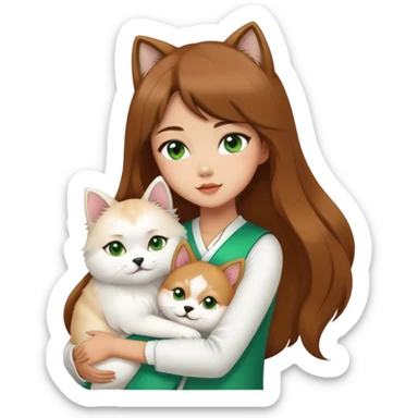 chinese fashion girl has brow hair hugging A Shiba Inu and a long-haired white Persian cat with green eyes. sticker