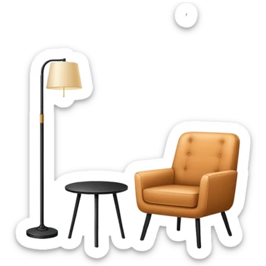 Minimalistic flat vector icon, iOS style, thin black contour on white background. Floor lamp and chair next to a framed picture on wall. Clean, no text, no shadows sticker