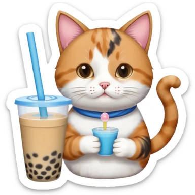 cat drinking bubble tea, cat with straw in cup, blue background sticker