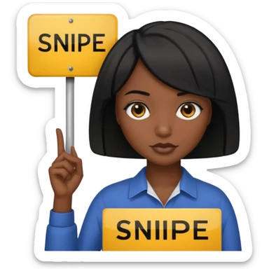 Dark skin woman with black bob in hair holding sign that says snipe  sticker