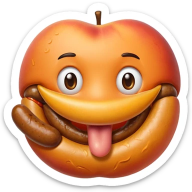 A peach with handmarks with a big bratwurst in his mouth sticker