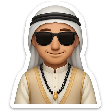 Add sunglasses to the Emirati man wearing agal and ghutra, keeping a warm and welcoming look. The image should have no background. Maintain the traditional attire and warm expression clearly in the style of an edited image. sticker
