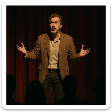man performing a monologue, hand gestures, audience in shadow, theatrical stage sticker