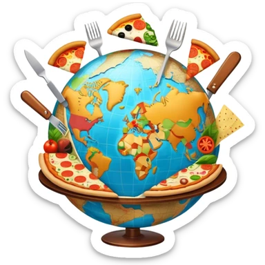 Icon for Gastronomic Tourism: a globe with various cuisines from around the world, such as pizza, sushi, tacos, and pasta, surrounded by food-related travel elements like a fork, knife, and map. Transparent background. sticker