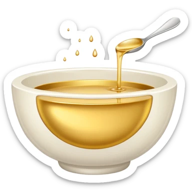 white bowl of gold liquid, minimal, smooth, no spoon, simple, clear sticker
